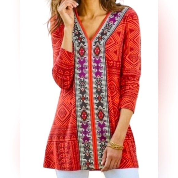 Soft Surroundings Kalahari Red Aztec Embroidered Long Sleeve Tunic Top- Size S - Picture 1 of 8